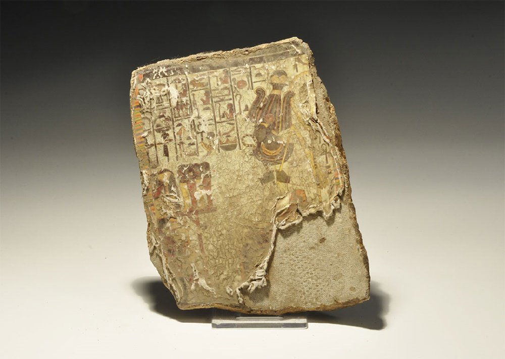 Egyptian Style Painted Cartonnage Fragment: 20th century AD. A rectangular cartonnage panel fragment with standing figure in atef crown, hieroglyphs above. 147 grams, 12.5cm (5"). Acquired on the London art market before 1995.[No Reserve]