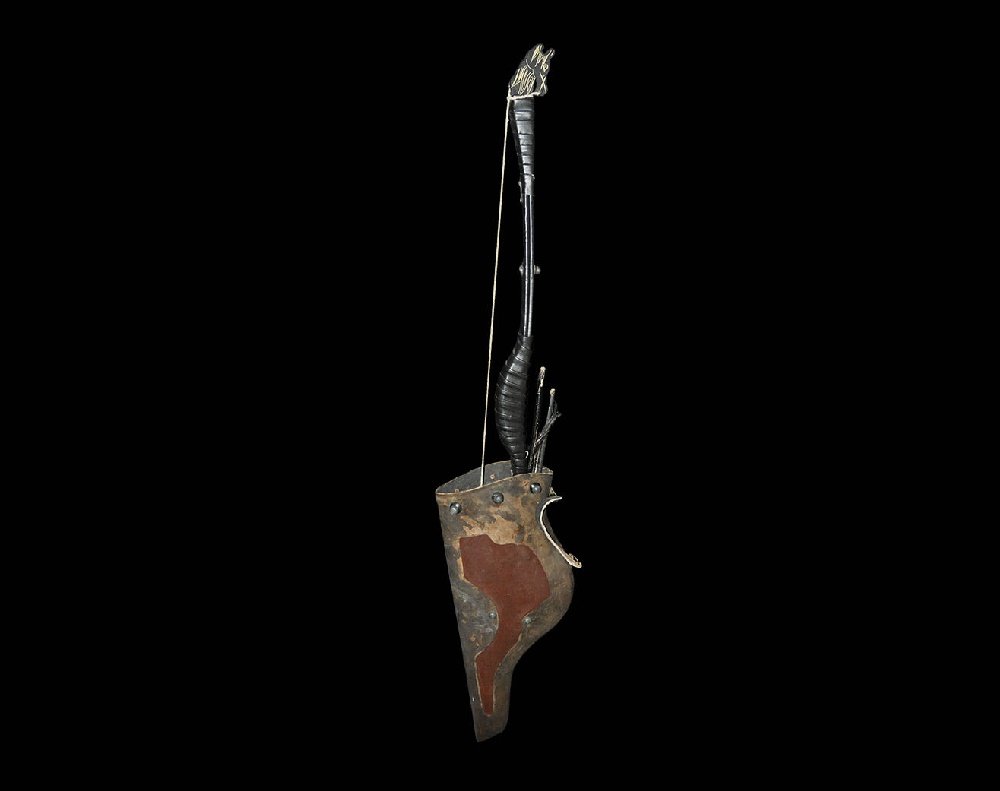 Chinese Bow, Arrows and Quiver: 20th century AD. A group of archery items comprising: a leather-covered composite bow with beast-head nocks, sinew(?) bowstring, leather reinforcing to the belly and limbs, decorative studs; two light