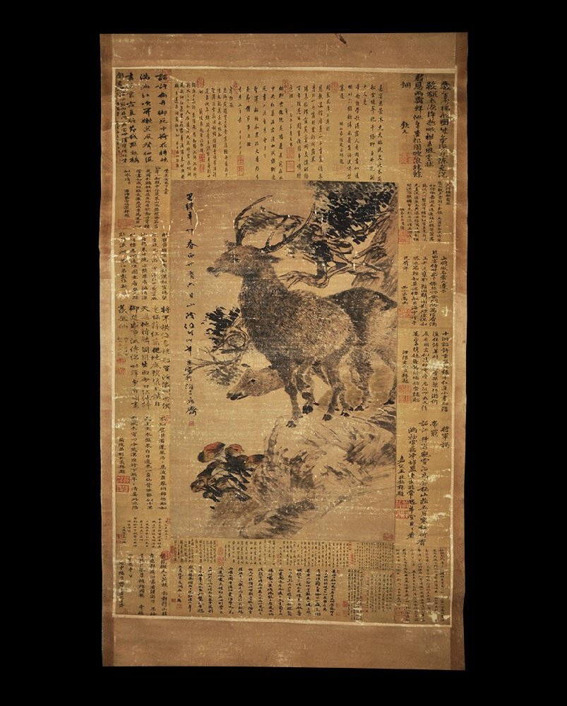 Chinese Style Scroll Picture: 20th century AD. A rectangular paper panel on a fabric backing with wooden roller; painting of deer in a snowy landscape, blocks of text and chop seals. 551 grams, overall: 176 x 65cm, image: 99 x 61c
