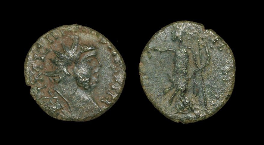 Ancient Roman Imperial Coins - Carausius - Pax: 286-287 AD. London mint, barbarous? Obv: IMI CARAVSIVS P F A legend with radiate bust right. Rev: PAX AVG legend with Pax standing holding olive branch and vertical spear; no marks in fields, mintmark