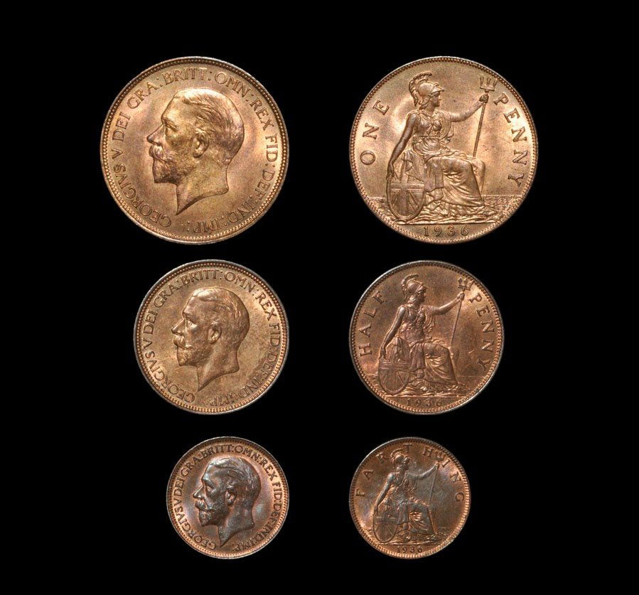 English Milled George V - 1936 - Farthing, Halfpenny: Dated 1936 AD. Penny, halfpenny and farthing, Obvs: profile bust with GEORGIVS V DEI GRA BRITT OMN REX FID DEF IND IMP legends. Revs: seated Britannia with date below and denomination legends. 2.75, 5