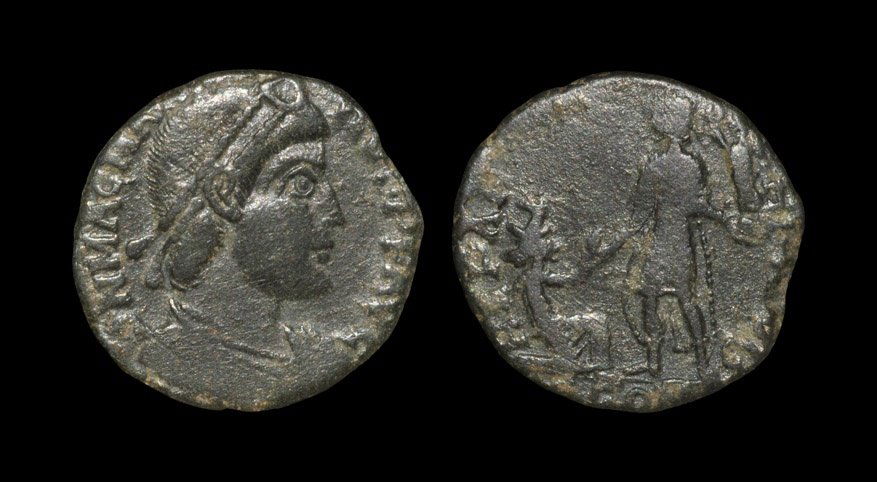 Ancient Roman Coins - Magnus Maximus - Emperor Standing: 383-388 AD. Arles mint. Obv: DN MAG MAXIMVS PF AVG legend with pearl-diademed, draped and cuirassed bust right. Rev: REPARATIO REIPVB legend with emperor, holding Victory on globe, standing left, rais