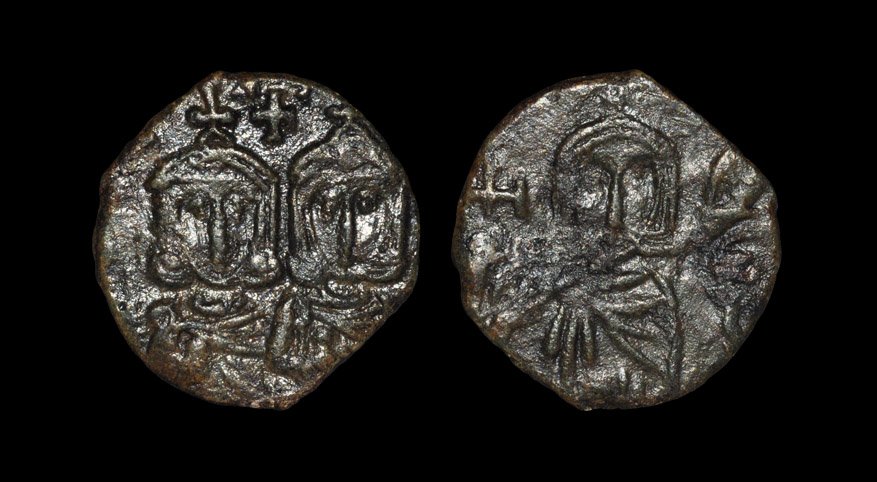 Ancient Byzantine Coins - Constantine V - Follis: 751-775 AD. Syracuse mint. Obv: rudimentary legend, Constantine V on left, and Leo IV on right, three-quarter length busts facing, each wearing crown and chlamys and holding akakia in arm across their
