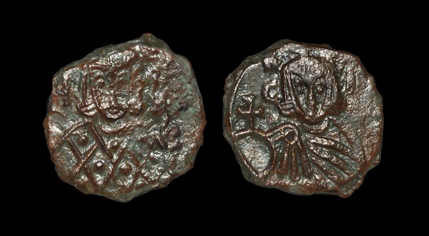 Ancient Byzantine Coins - Leo V and Constantine -: 813-820 AD. Syracuse mint. Obv: LEON legend above, crowned bust facing with short beard, wearing loros, holding cross potent, star in right field. Rev: COhST legend around, C-I across fields, crowned 