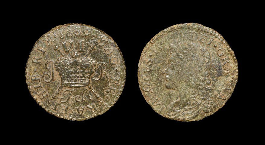 World Coins - Ireland - James II - Feb: 1690 - Gunmoney: Dated February 1689 AD. Obv: profile bust with IACOBVS II DEI GRATIA legend. Rev: crown over crossed sceptres with mark of value VI above and month Feb: below and initials I - R at sides with MAG BR F
