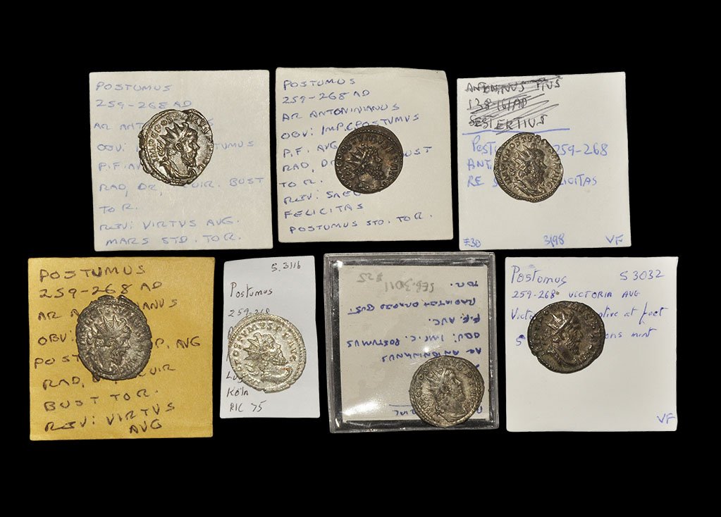 Ancient Roman Imperial Coins - Postumus - Antoninianii: 259-268 AD. Group comprising: reverses of emperor (2; SAECVLI FELICITAS); Hercules; Moneta; Victory and Virtus (2). Sear 10983/Sear 10944/Sear 10962/Sear 10996/Sear 10997. 28.62 grams total. ("). Ex W