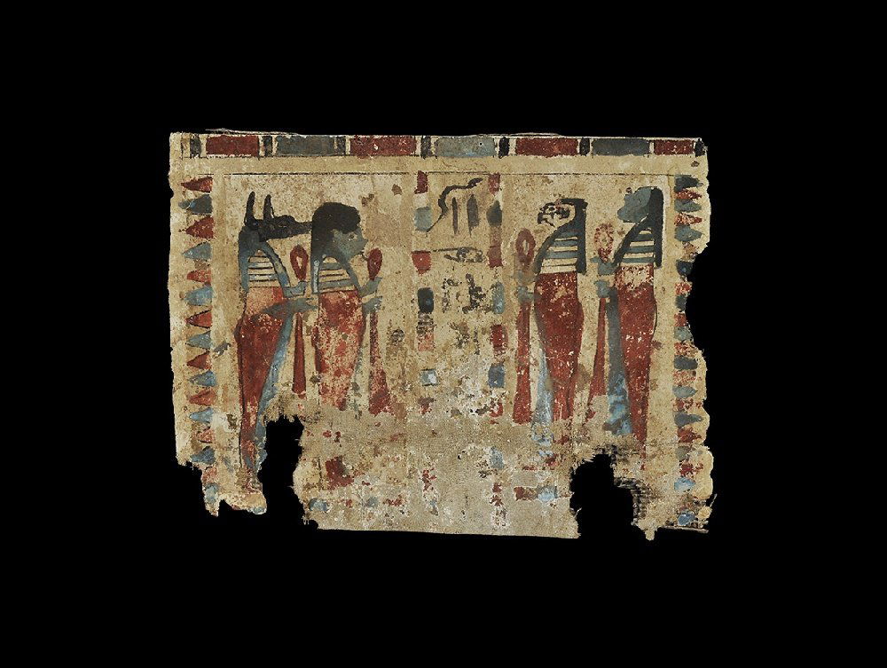 Egyptian Cartonage with Four Sons of Horus: Ptolemaic Period, 305-30 BC. A cartonnage panel depicting the Four Sons of Horus, two either side of a vertical panel of hieroglyphs declaring 'words spoken by Osiris', the whole framed by blue and gr