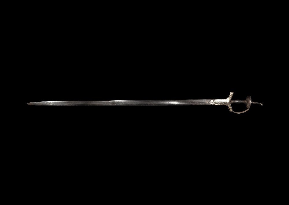 Indian Khanda Sword with Inlaid Hilt: 18th century AD. Maratha long sword with triple fullered blade; fitted with rivetted iron basket hilt with pommel spike inlaid in Bidri style gold and silver floral patterns. 970 grams, 112cm (44"). P