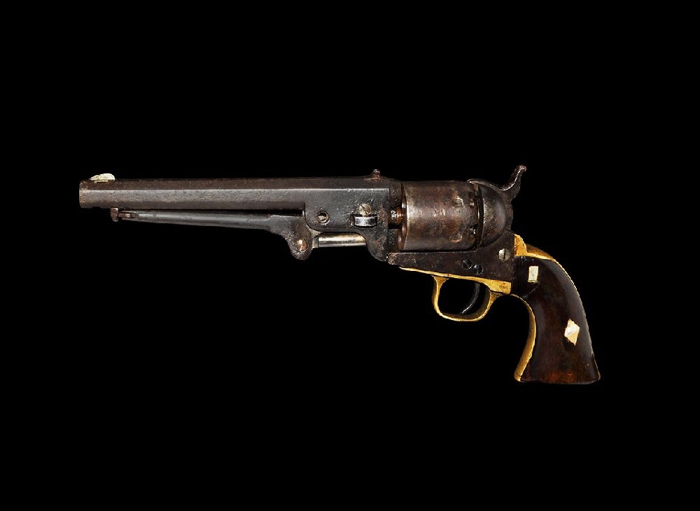 Post Medieval Navy Percussion Revolver: 19th century AD. A Colt six-shot single-action 1851 model Navy percussion revolver in .36 calibre; the 19cm hexagonal rifled barrel with loading lever below (lacking main pivot screw and one dowel peg