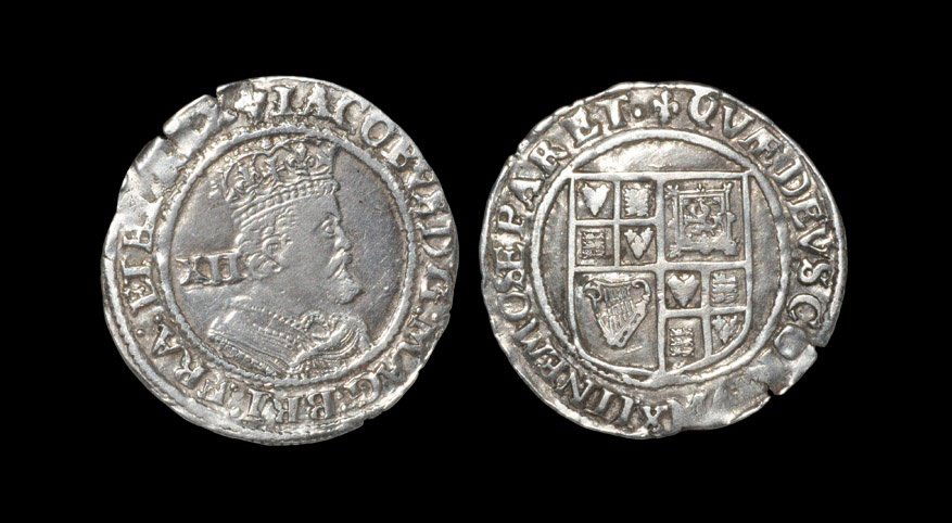 English Stuart Coins - James I - Shilling: 1623-1624 AD. Third coinage, 6th bust. Obv: profile bust with XII mark of value behind and IACOBVS D G MAG BRI FRA ET HIB REX legend and 'lis' mintmark. Rev: arms with QVÆ DEVS CONINVNXIT NEMO SEPARE