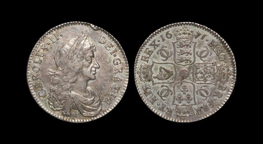 English Milled Coins - Charles II - 1671 - Halfcrown: Dated 1671 AD. Third bust. Obv: profile bust with CAROLVS II DEI GRATIA legend. Rev: cruciform arms with CC monogram in angles with MAG BR FRA ET HIB REX legend and date. Edge: with raised DECVS ET TV