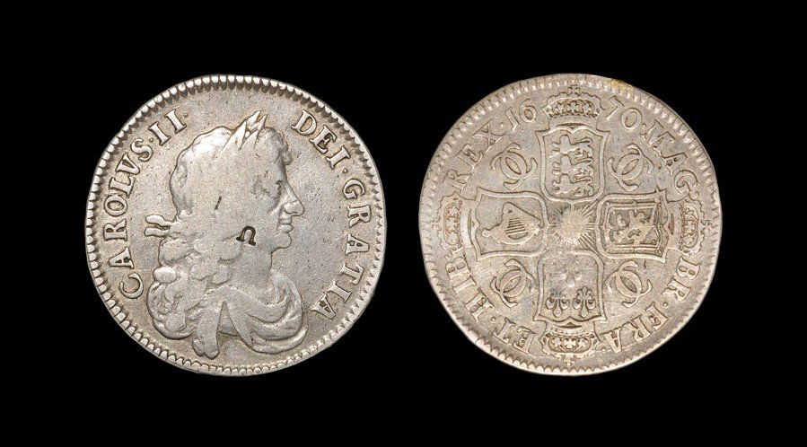 English Milled Coins - Charles II - 1670 -: Dated 1670 AD. Third bust. Obv: profile bust with CAROLVS II DEI GRATIA legend; small letter 'U' at centre. Rev: cruciform arms with CC monogram in angles with MAG BR FRA ET HIB REX legend and date. E