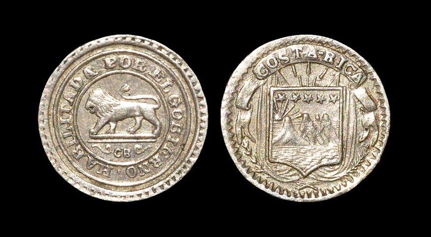 World Coins - Costa Rica - Heaton Mint - Type VII/VI: Undated (circa 1889 AD). Struck from the Type VII/VI dies used to countermark coins. Obv: arms with COSTA RICA legend above. Rev: lion with CR below for San Jose mint with HABILITADA POR EL GOBIERNO l