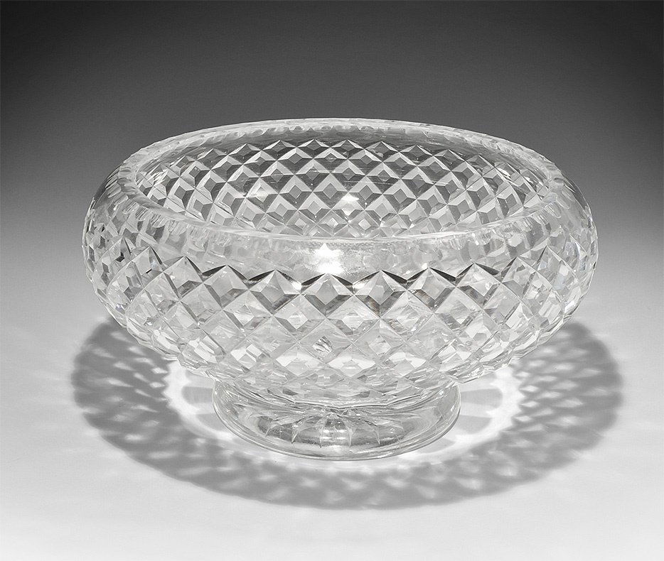 Vintage Thomas Webb Fruit Bowl: 1906-1935 AD. A cut crystal footed fruit bowl with acid-etched script 'Webb' signature to the underside for Thomas Webb & Sons. 5.4 kg, 31cm maximum diameter (12"). Property of Kent, UK lady; presente