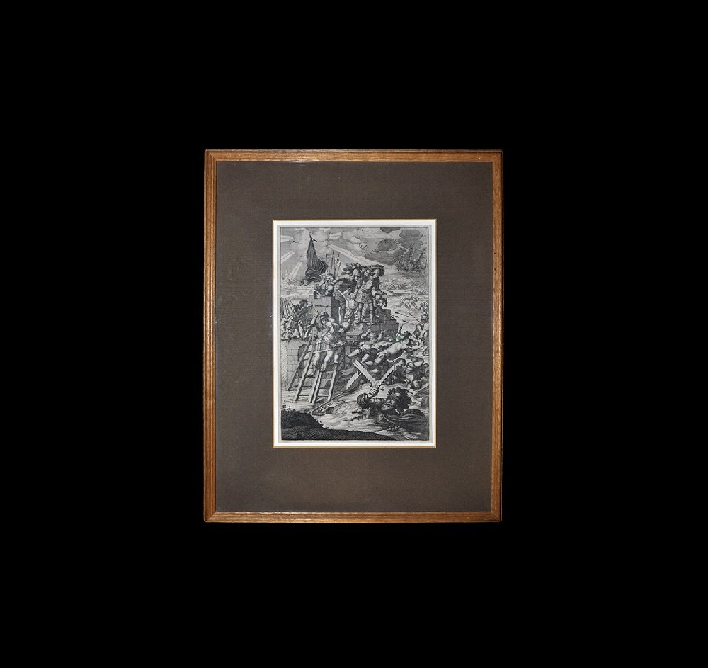 Post Medieval 'Joan of Arc Witnesses the Drowning of: 17th century AD. An original monochrome print from an etched plate by designer Claude Vignon, created by Abraham Bosse, depicting Joan of Arc witnessing the drowning of Glasdale and the other English