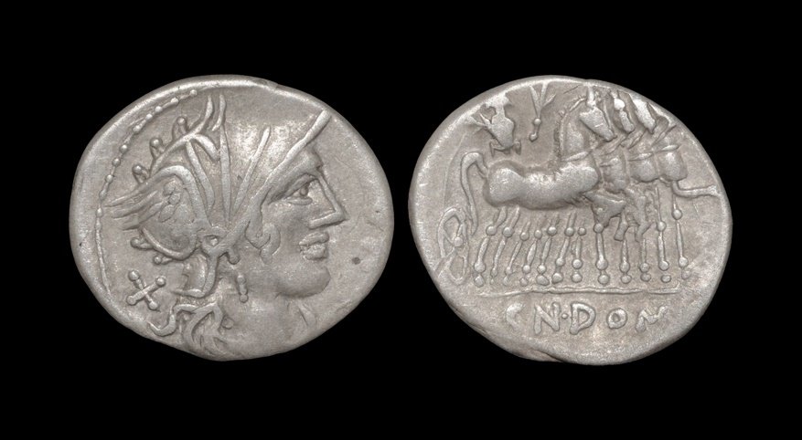 Ancient Roman Republican Coins - Cn. Domitius: 116-115 BC. Obv: ROMA legend with helmeted head of Roma right with X behind. Rev: Jupiter in walking quadriga right with CN DOMI in exergue. Sear 161; Cr. 285/1; Syd. 535; RSC Domitia 7. 3.81 grams. [