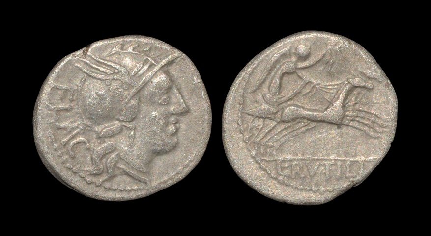 Ancient Roman Republican Coins - L. Rutilius Flaccus -: 77 BC. Obv: winged, helmeted head of Roma right with FLAC behind. Rev: Victory in biga right with L RVTILI in exergue. Sear 318; Cr. 387/1; Syd. 780; BMC 3242; RSC Rutilia 1. 3.67 grams. [No Reserve]