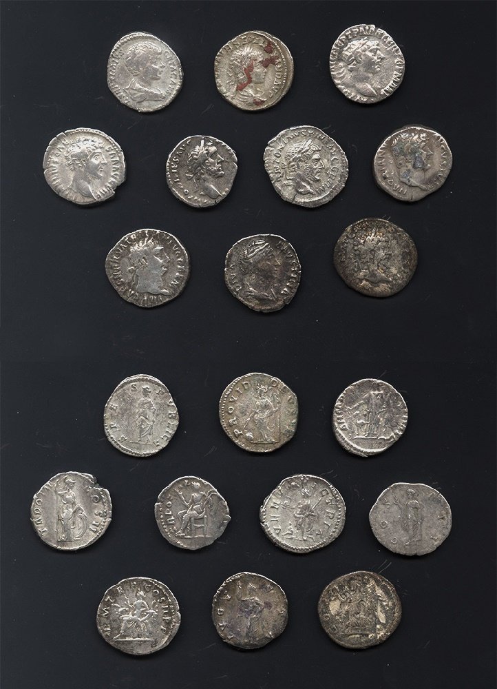 Ancient Roman Imperial Coins - Mixed Denarii Group [10]: 2nd-3rd century AD. Group comprising: Geta, with Spes, holding flower; Severus Alexander, with Providentia, holding wand over globe and sceptre; Trajan, with Arabia standing left, holding branch and c