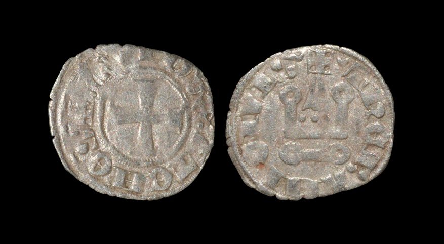 World Coins - Crusader States - Frankish Greece - Guy: 1294-1308 AD. Obv: cross with +GVI DVX ATEHE legend. Rev: chapel with +THEBAHI CIVIS legend. M. 1071; Mallory 96. 0.87 grams. [No Reserve]