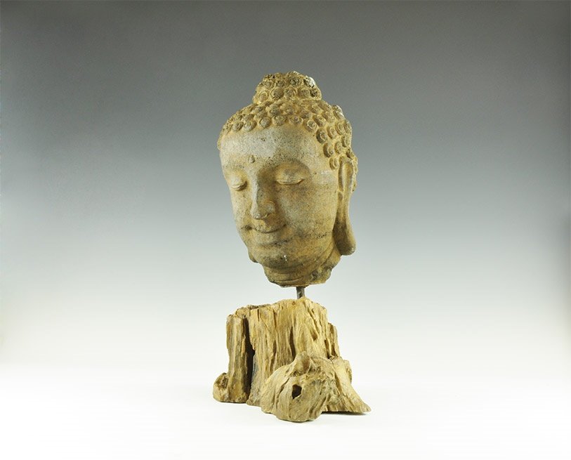 Cambodian Buddha Head on Stand: 20th century AD. A composition head of Buddha in the Cambodian style on a custom made driftwood stand. Property of an American lady; acquired 1970s-1990s. 10 kg, 47cm (18 1/2"). [No Reserve]
