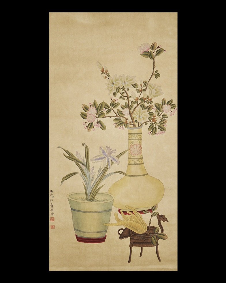 Chinese Flowers and Vases Ink and Watercolour Painting (1 of 1)