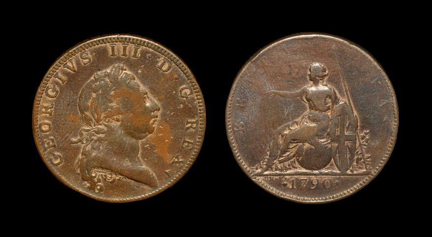 English Milled Coins - George III - 1790 - Pattern: Dated 1790 AD. By Droz. Obv: profile bust with GEORGIUS III D G REX legend. Rev: Britannia with BRITANNIA legend and date in exergue. Edge: with raised RENDER UNTO CESAR THE THINGS WHICH ARE CESARS in