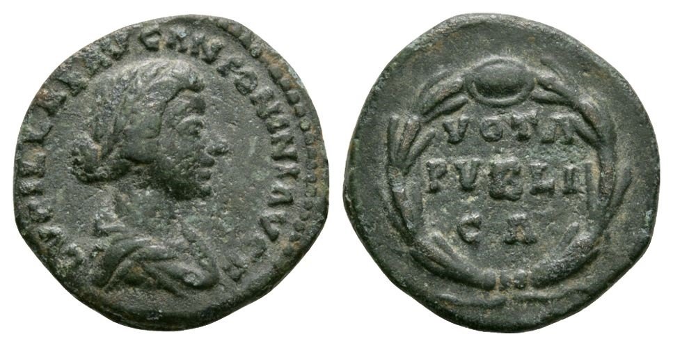 Ancient Roman Imperial Coins - Lucilla (Wife of Lucius: 164 AD. Rome mint. (?)Obv: LVCILLAE AVG ANTONINI AVG F legend with draped bust right. Rev: VOTA / PVBLI / CA legend in three lines, within wreath. 2.54 grams. See RIC 791, BMC 329, RSC 98 and Sear 549