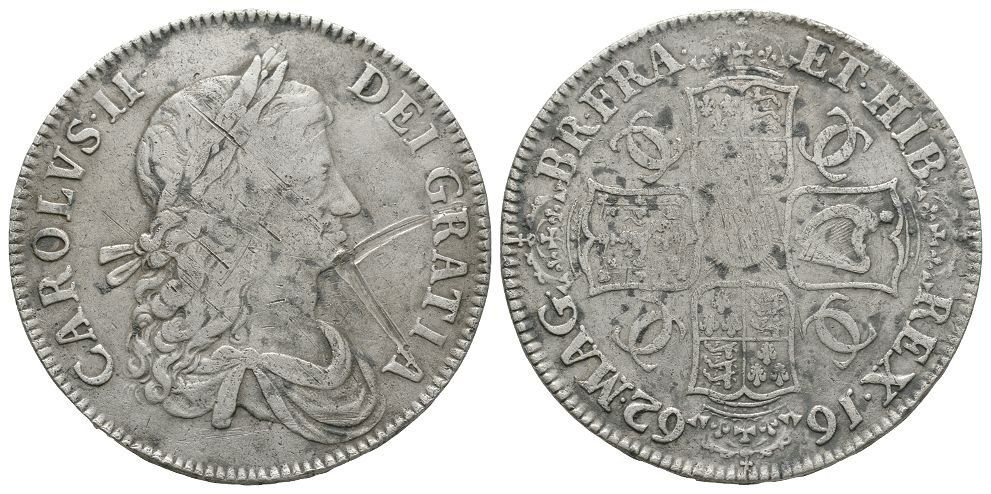 English Milled Coins - Charles II - 1662 - Crown: Dated 1662 AD. First bust. Obv: profile bust with CAROLVS II DEI GRATIA legend. Rev: cruciform arms with 11 strings to harp and CC monograms in angles with MAG BR FRA ET HIB REX legend and date. Edge: