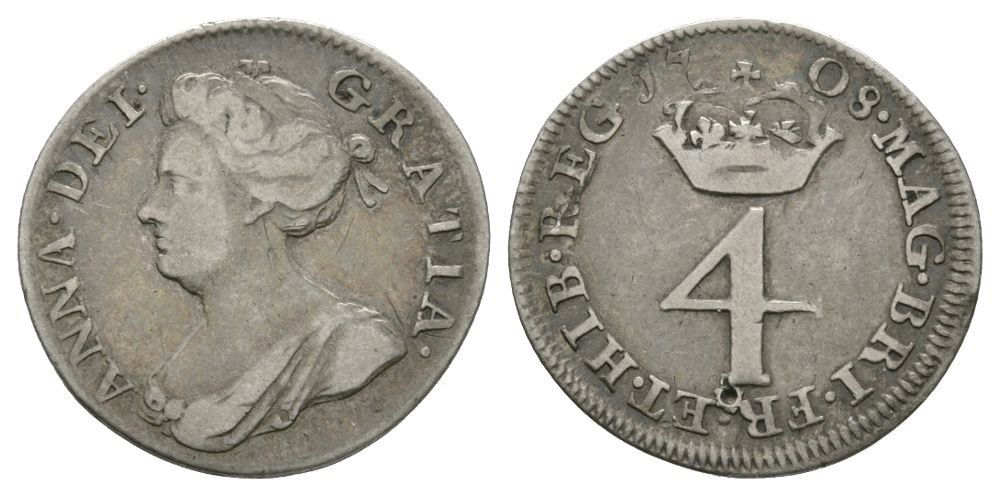 English Milled Coins - Anne - 1708 - Groat: Dated 1708 AD. After Union, 2nd bust. Obv: profile bust with ANNA DEI GRATIA legend. Rev: crown over large 4 with MAG BRI FR ET HIB REG legend and date. S. 3595A; ESC 6th, 1485 (old 1890"). 1.84 grams