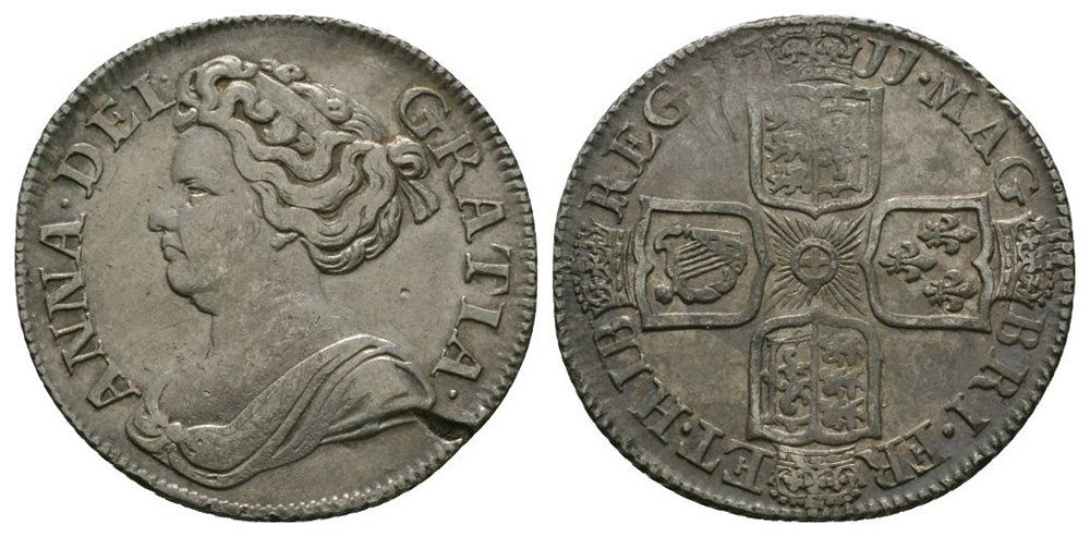 English Milled Coins - Anne - 1711 - Shilling: Dated 1711 AD. After Union, 4th bust. Obv: profile bust with ANNA DEI GRATIA legend. Rev: cruciform arms with MAG BRI FR ET HIB REG legend and date. S. 3610; ESC 6th, 1408 (old 1158"). 5.94 grams. .