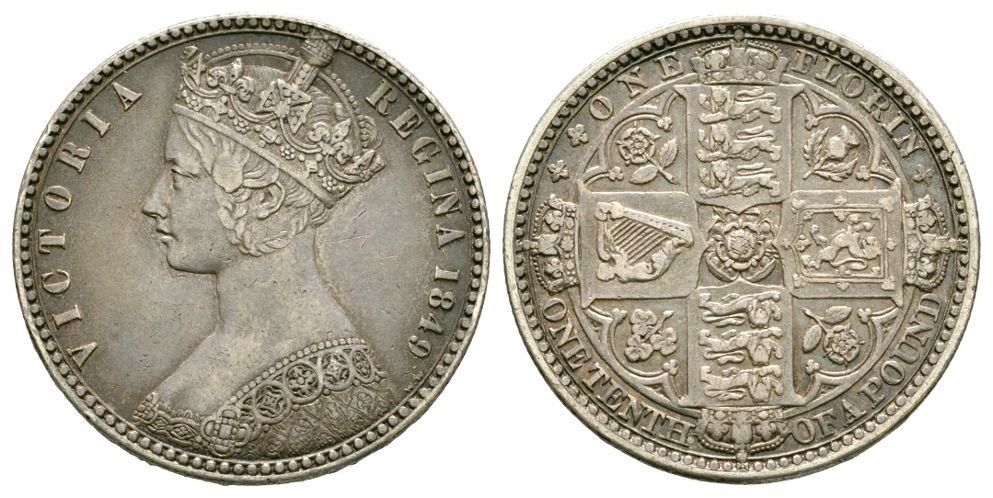 English Milled Coins - Victoria - 1849 - Godless Florin: Dated 1849 AD. Type A. Obv: profile bust with W.W. behind VICTORIA REGINA legend and date. Rev: crowned cruciform arms with symbols in angles and ONE FLORIN ONE TENTH OF A POUND legend S. 3890; ESC 6t