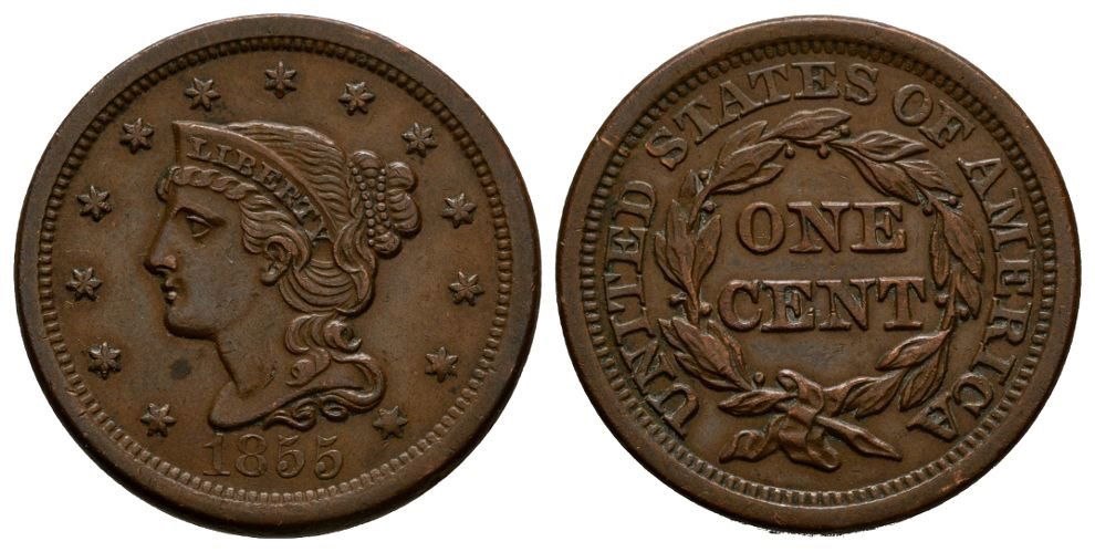World Coins - USA - 1855 - Braided Hair Cent (1 of 1)