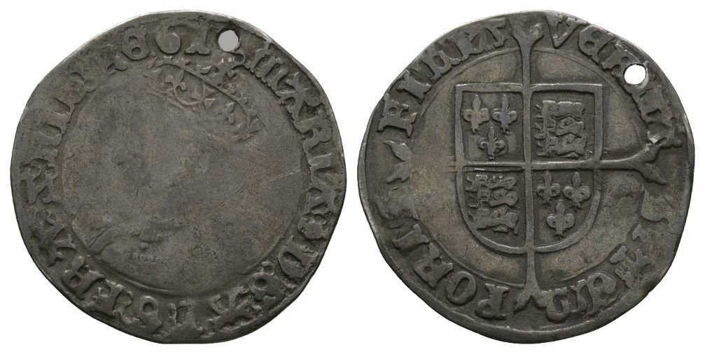 English Tudor Coins - Mary - Groat: 1553-1554 AD. Obv: profile bust with MARIA (mm) D G ANG FRA Z HIB REGI legend with 'pomegranate' mintmark. Rev: long cross over arms with VERITAS TEMPORI FILIA legend. S. 2492. 1.79 grams. [No Reserve