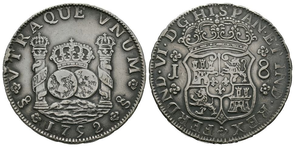 World Coins - Chile - '1752' - Replica 8 Reales: 20th century AD. Santiago mint. Obv: crowned arms with J left and 8 right with FERDND VI D G HISPAN ET IND REX legend. Rev: crowned pillars with crowned double globe between with VTRAQVE VNUM legend a