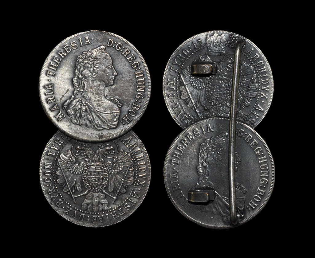 World Coins - (K) - Austria - Maria Theresa - Half: Uncertain dates. Obvs: profile bust with MARIA THERESIA D G REG HUNG BOH legend. Revs: double-headed eagle with ARCHIDVX AVSTRIAE DVX BVR COM TYRO legend and illegible dates; mounted overlapping to di