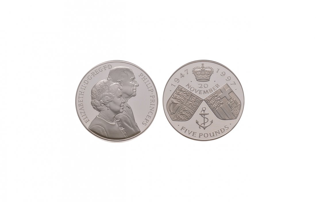 English Milled Coins - Elizabeth II - 1997 - Silver: Dated 1997 AD. Obv: co-joined busts right with ELIZABETH II D G REG F D PHILIP PRINCEPS legend. Rev: crown over arms with anchor below and 20 NOVEMBER between with 1947 1997 FIVE POUNDS legend; in cap