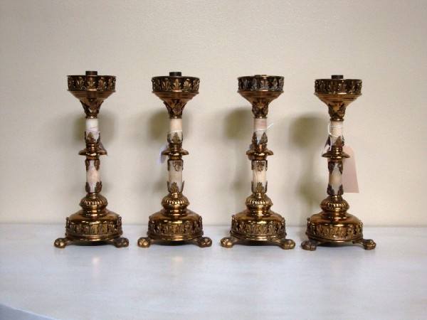 Set of 4 brass & onyx gothic style candelsticks: 14"h, good condition. Rewiring recommended or may be required on all lighting.