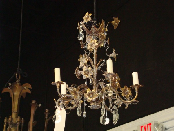 French style brass & prism chandelier: 22"h, 20"diameter. Rewiring recommended or may be required on all lighting.