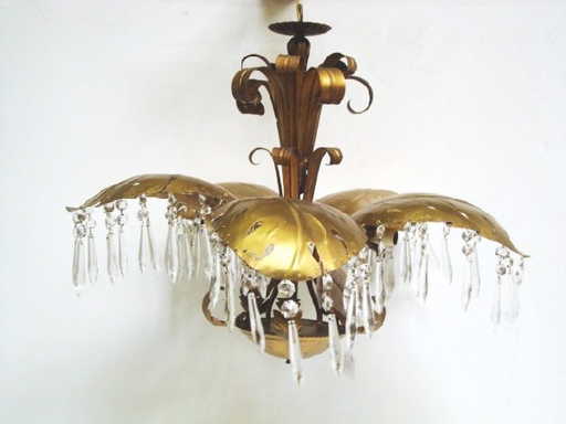 19 Gilt Metal Crystal Palm Leaf Chandelier