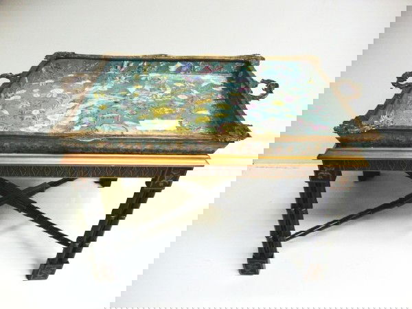 Chinoiserie table with porcelain tray top: Bronze mounted porcelain tray. Very good condition.