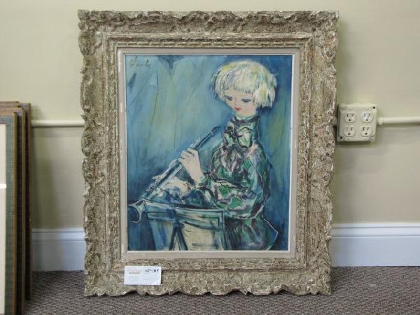 HENRI LAVILLE OIL PAINTING "FLAUTIST": Good condition. Small tear in upper left corner.