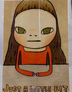 YOSHITOMO NARA PRINT, " JUST A  LITTLE BIT": A green eyed girl wearing orange shirt, sitting in front of the table;16.5 X11.9 inch.