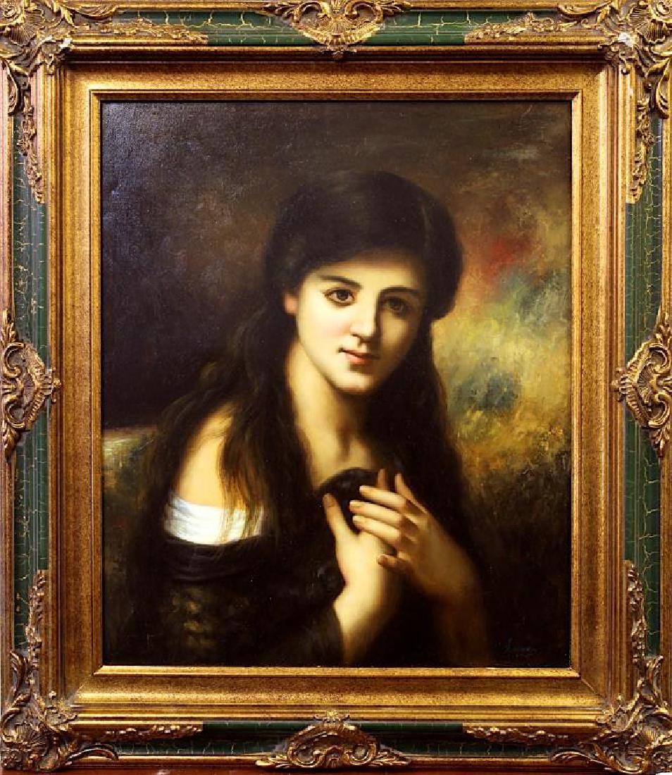 OIL ON CANVAS PAINTING OF A BEAUTY: Depicts an elegant young lady with long, dark hair, dressing in shoulderless dress and smiling. Signature to the bottom right to read Larsons. 24 in. (L) x 20 in. (W).