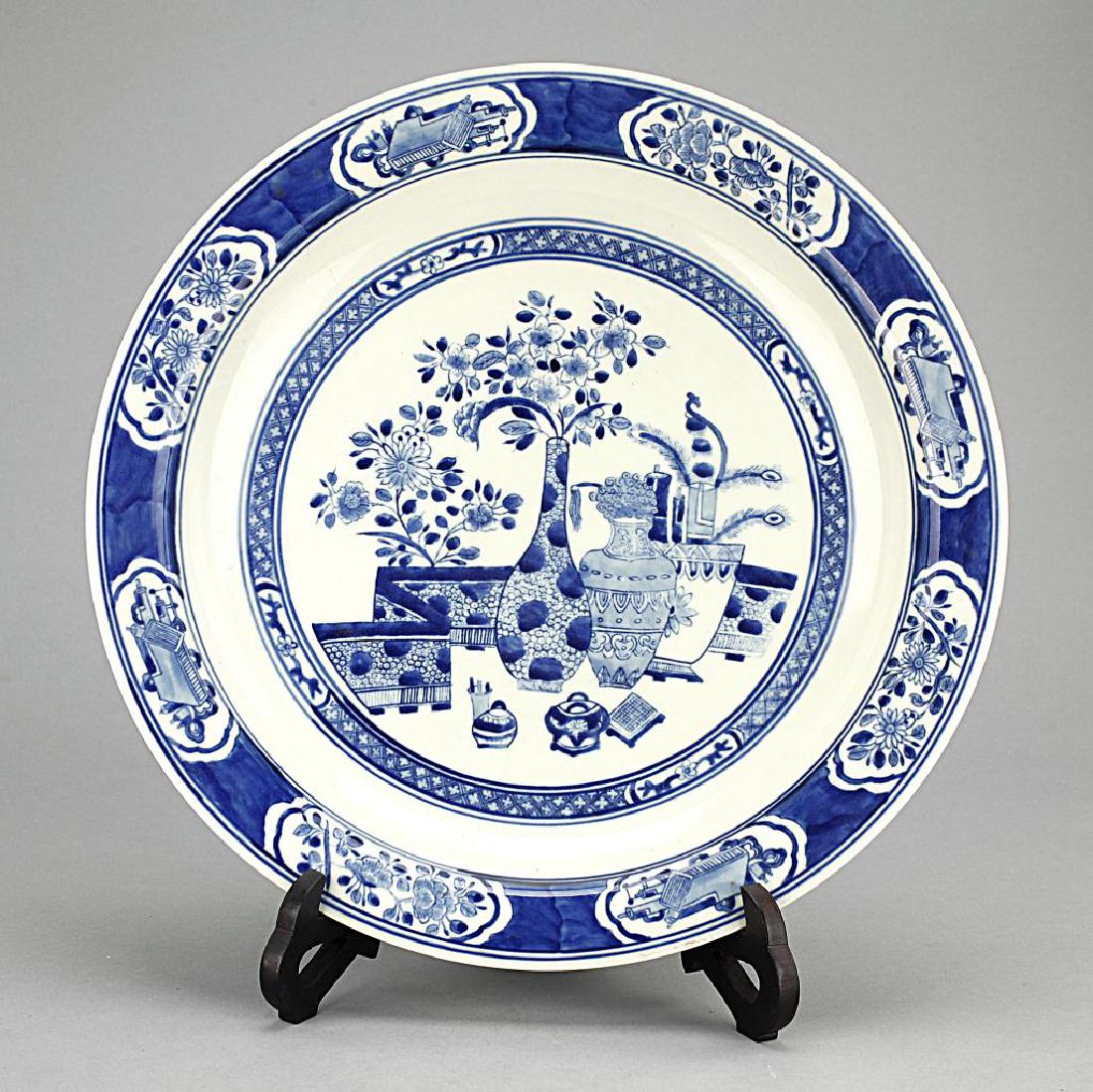 CHINESE LARGE BLUE AND WHITE CHARGER ON WOOD STAND (1 of 4)