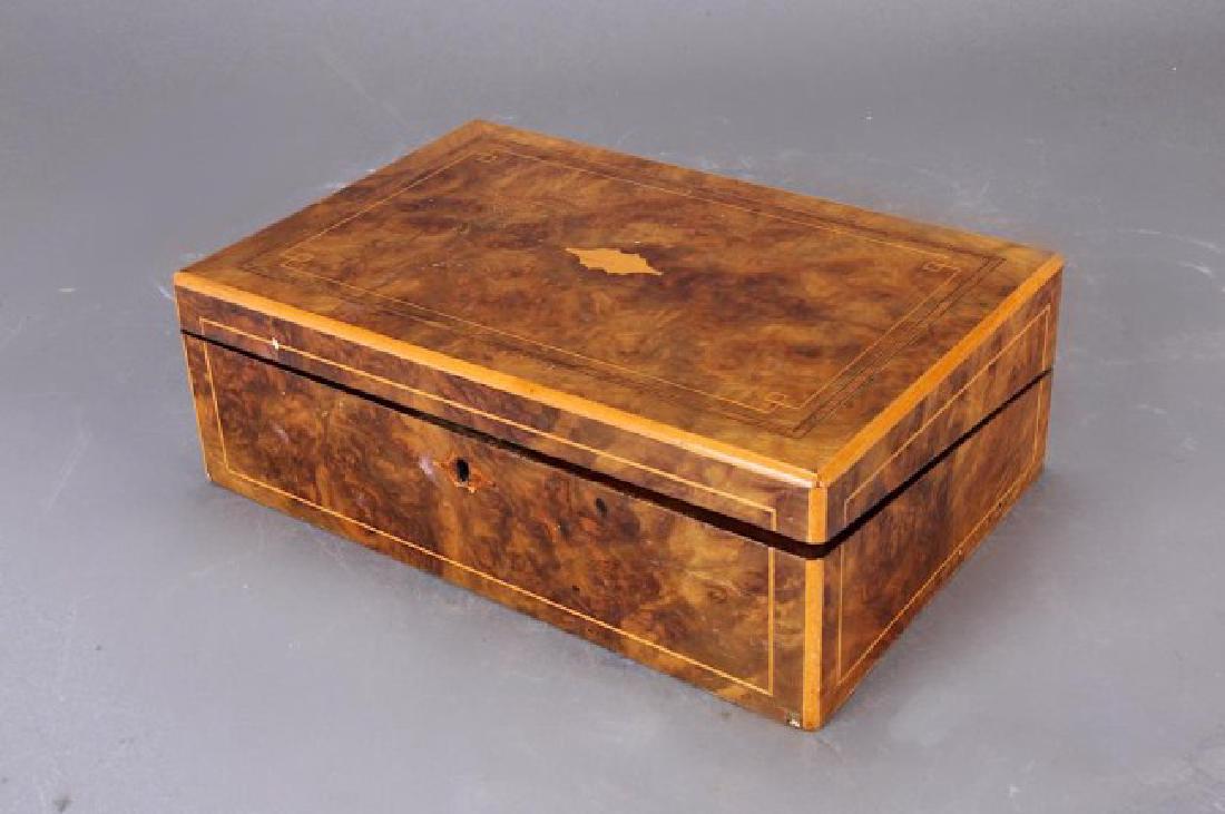 19TH CENTURY ENGLISH MAHAGANY TRAVELLING BOX: The hinged cover opens up to the desk with different compartments. With two ink bottles and a tray for resting pens. H: 4 1/2 in. L: 13 1/2 in. W: 9 in. flowers. H: 39 in.