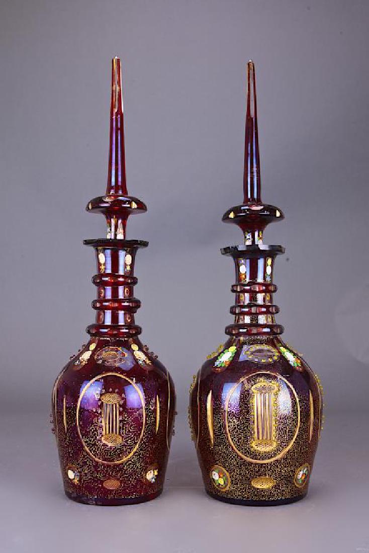 PAIR OF PERSIAN ENAMEL&ETCHED CRYSTAL DECANTERS (1 of 1)