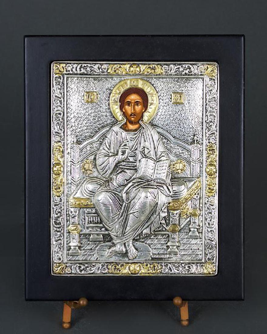 FRAMED SILVER AND GOLD BYZANTINE ICON: H: 7 1/2 in., L: 6 1/2 in,.