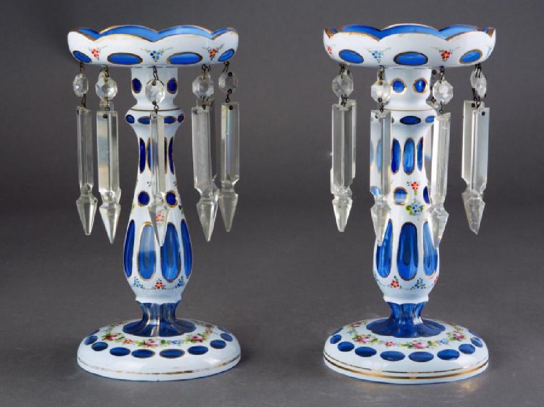 PAIR OF BOHEMIAN CUT GLASS OVERLAY MANTLE LUSTERS: Each in the white over blue color with prisms. H: 10 in.