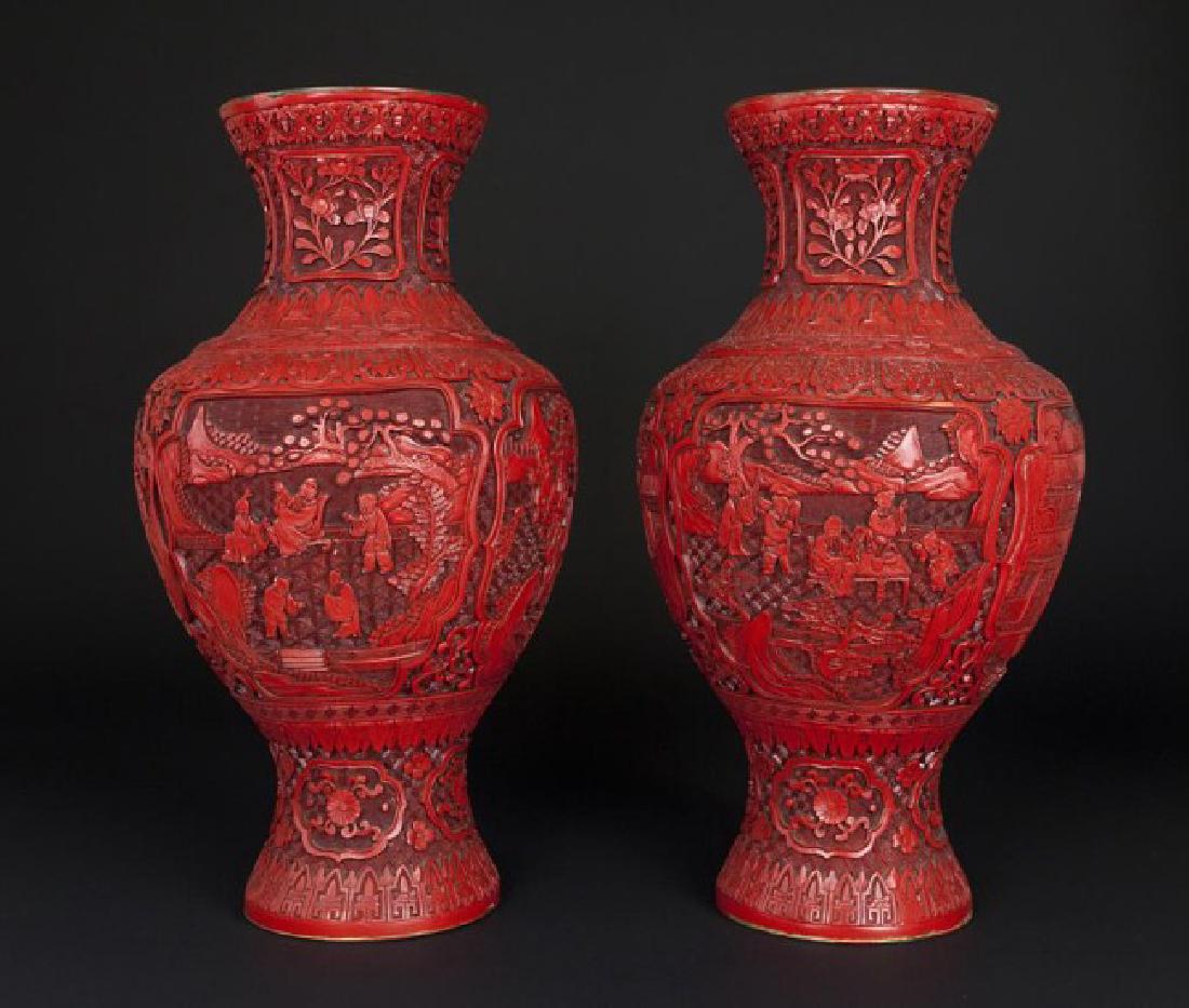 PAIR OF CHINESE CINNABAR LACQUER VASES (1 of 3)