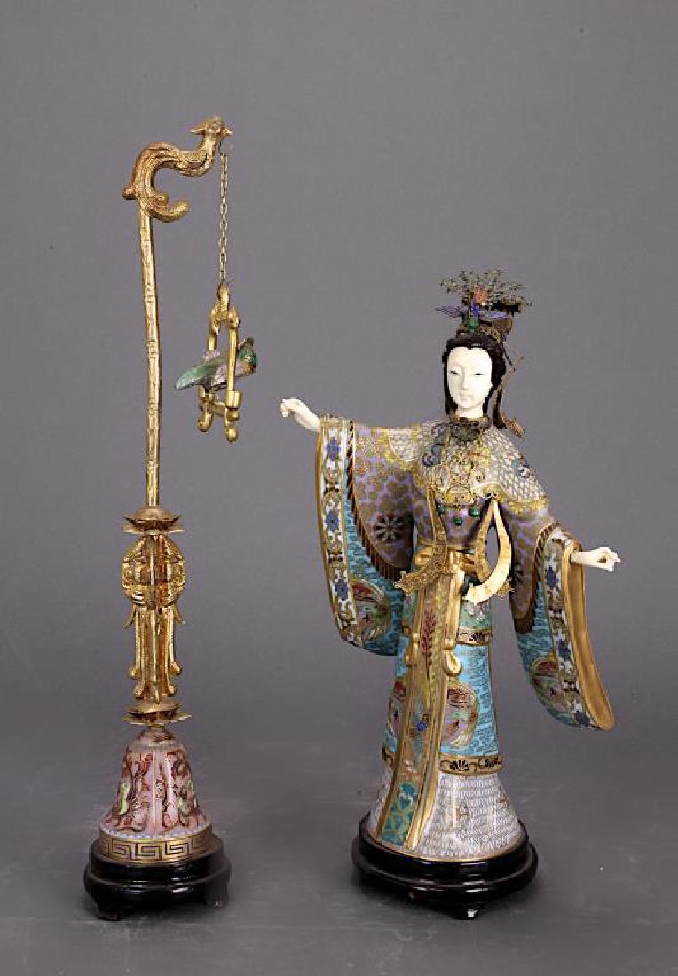 CHINESE CLOISONNE STATUE OF A LADY FEEDING BIRD (1 of 1)